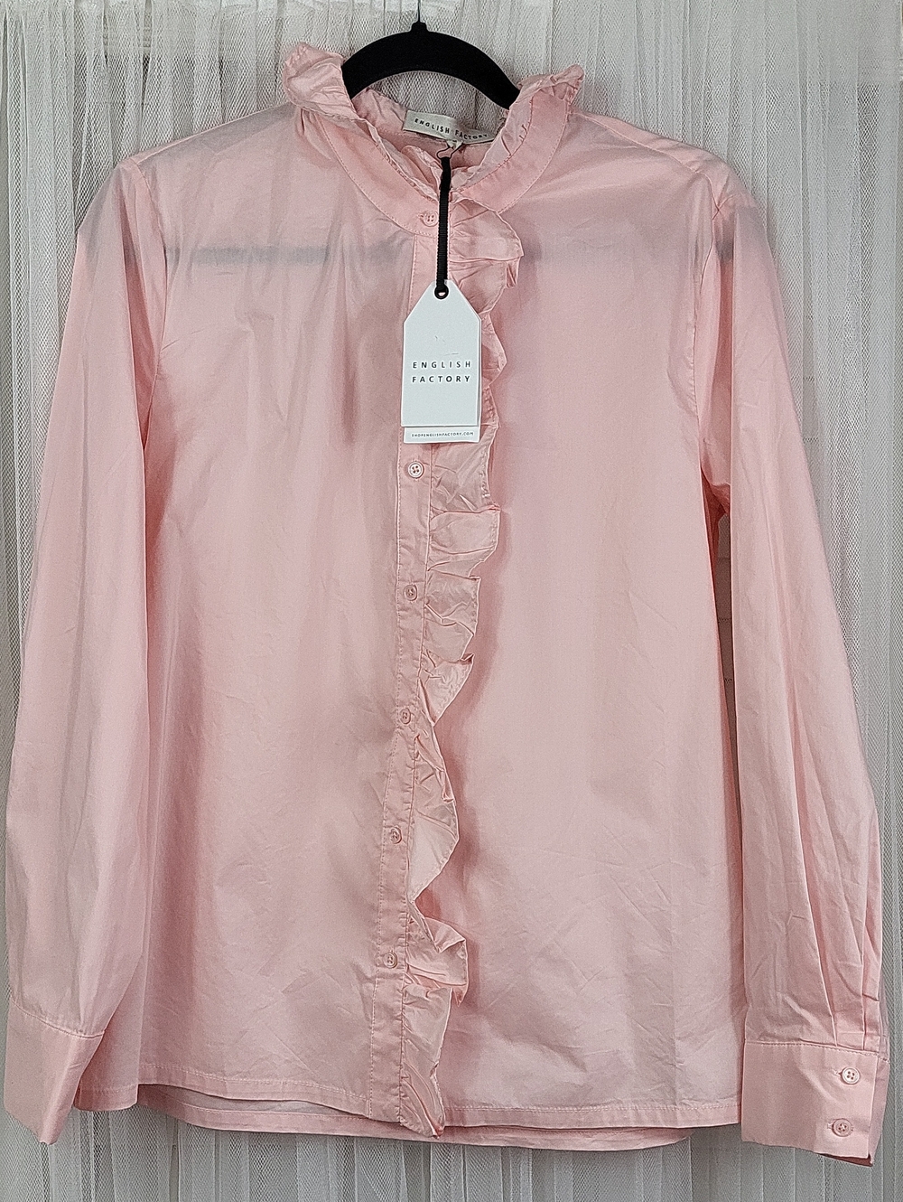 English Factory Soft Pink Ruffle-Front Button Blouse. Size M